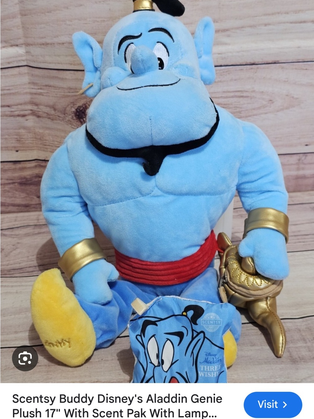 Scentsy Blue Genie Plush with Gold Accents and Red Sash
